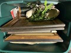 3 totes of Hallmark ornaments, glassware, pictures and frames etc...