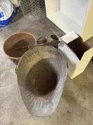 Coal bucket, tin pour can, CI 3 legged kettle and stove lifters