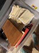 15+ boxes and totes of mostly fabric, denim, rug making items, knitting and sewing related - CRAFTY CORNER