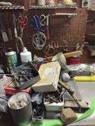 Small rolling tool box and tools as shown on left half of bench and wall