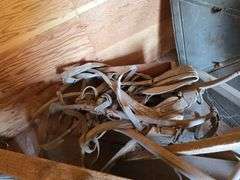 Plethora of old horse harness, collars, hames w/ brass knobs etc...