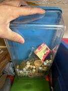 Tote of wood craft items, embroidery kits and string and a box of paper, tins and misc