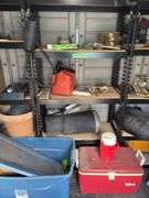 Back wall of garden storage shed - pair of steel ramps, stepstool, cooler, misc - shelving units are not included