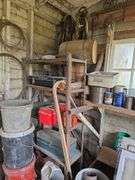 Contents of tool shed includes tool boxes, 2 floor jacks, 2 man saw, windows, buckets of charcoal, nail kegs, nails, pony shoes and more See photos, bring your gloves!