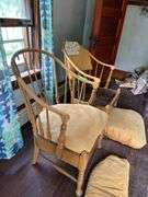 Two heavy wrap around chairs with wood slat seats and spindle back, see photos for condition