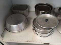 Canteen, coffee pot, lunch pails, small stainless steel bowls, etc