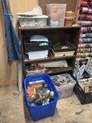 Bookshelf and craft items includes figurines to paint, large box of candles, lots of beads, terra-cotta pots