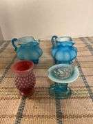 2 blue satin glass whimsy pitchers, 2 pcs hobnail glass