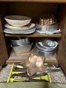 Rolling microwave cart, baking pans and party trays, cutlery