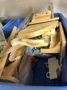 Tote of wood craft items, embroidery kits and string and a box of paper, tins and misc