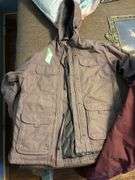 Ladies ridgecut heavy canvas lilac colored coat (M) and maroon overalls (L)