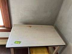 Enamel top table with single drawer 25D x 40L x 30H