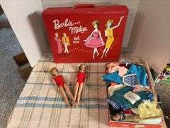 1963 Barbie and Midge doll case, (2) 1958 patent dolls, assorted clothes and patterns