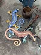 Metal flower garden yard art, bird and sprinkling can
