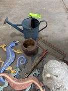 Metal flower garden yard art, bird and sprinkling can