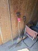 Grapple hay forks, old car tires (3pr), steel wheel, hand crank sheep shear head, old steel baby crib, primitive homemade stilts