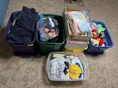 5 totes of kids toys and kids and adult clothes