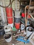 Contents of tool shed includes tool boxes, 2 floor jacks, 2 man saw, windows, buckets of charcoal, nail kegs, nails, pony shoes and more See photos, bring your gloves!