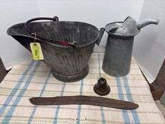 Coal bucket, bulk oil can and brass bell
