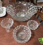 American Fostoria punch bowl, glass ladle, compote, bowl and nappy bowl