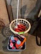 Lots of laundry soap, grime boss floor sweeper and laundry basket