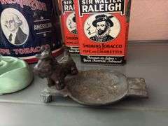Tobacco tins, Scottie dog ashtray, two Snuf-a-rettes