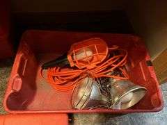 Work light, drop cords, B&D drill and drill bits, empty tool box and more