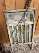 Antique door latch set, sealing jar, washboard and rug beater