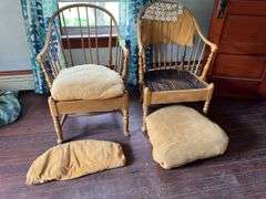 Two heavy wrap around chairs with wood slat seats and spindle back, see photos for condition