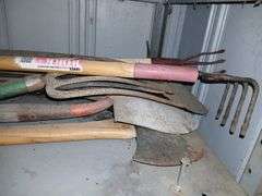 More yard and garden tools-shovels, rakes, frog giggers, fish spear, NOT shelf unit