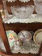 All in china cabinet includes glass bells, vases,  pitcher, hand painted bowls and more