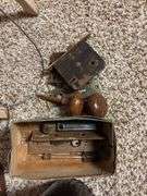 Antique door latch set, sealing jar, washboard and rug beater