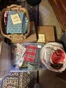 15+ boxes and totes of mostly fabric, denim, rug making items, knitting and sewing related - CRAFTY CORNER
