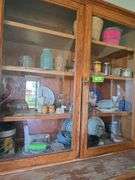 Flour sifter, misc dishes, green depression candle sticks, stoneware cookie jar and more