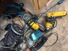 Eight corded hand tools, circular saw, sander, jigsaw, drill, router, wire brush