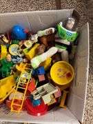 Box of assorted Fisher Price people and animals along with a bunch of other small toy items