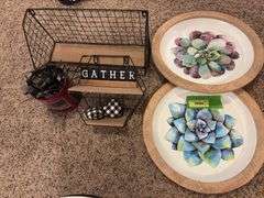 Pair tin decorator plates, wire baskets and flatware