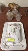 Ironstone platter and casserole dish, gold edged Berry set, covered butter, C& S