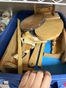 Tote of wood craft items, embroidery kits and string and a box of paper, tins and misc