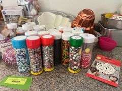 Variety of cake decorating supplies, candies, pans etc...