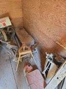 Grapple hay forks, old car tires (3pr), steel wheel, hand crank sheep shear head, old steel baby crib, primitive homemade stilts