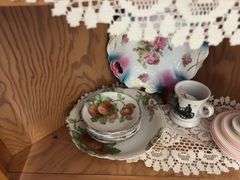 Handpainted china, berry set, juice reamer, pitchers, chamber pot, and more