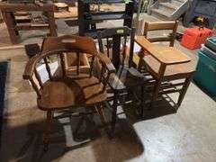 Tab arm school desk and two chairs