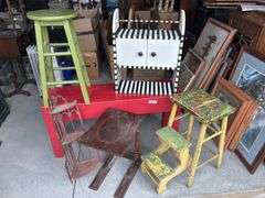 Very heavy duty red bench, green stool, sofa table, wall hanging shelf