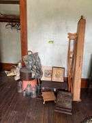 Hat boxes, old suitcase, wooden crutches, canning jars, cane, Booth Special foot warmer???