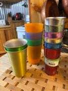 Vintage aluminum tumblers and plastic glasses