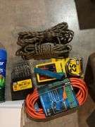 Rope, drop cords, bits, multipurpose plastic boxes, tape measure, bug spray, hooks, etc
