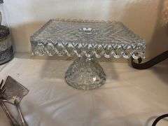 American Fostoria square cake stand, weighted sterling candlesticks, cake server and spaghetti spoon