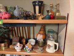 3 shelves of dustables-figurines, wood cars, cats, old marble game and LOTS more