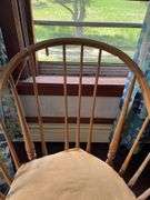 Two heavy wrap around chairs with wood slat seats and spindle back, see photos for condition
